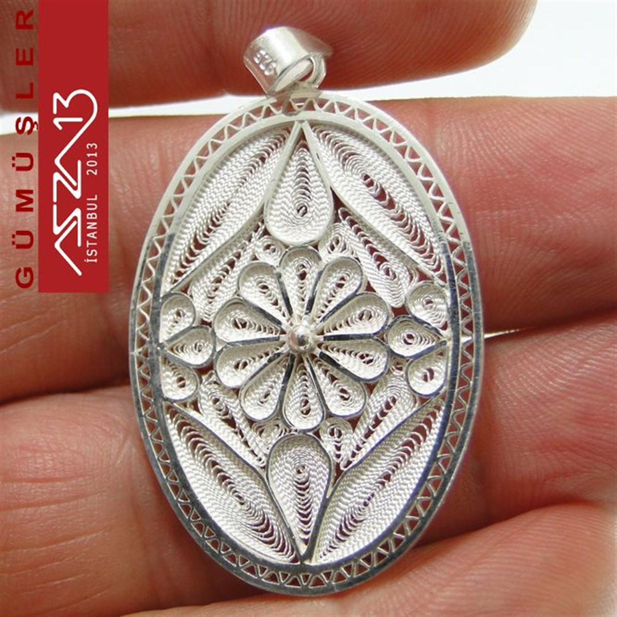 2,8x2,0 cm Tek Çiçek Motifli Oval, 925 Gümüş Telkari Kolye Ucu Fligran (4,20 gr)