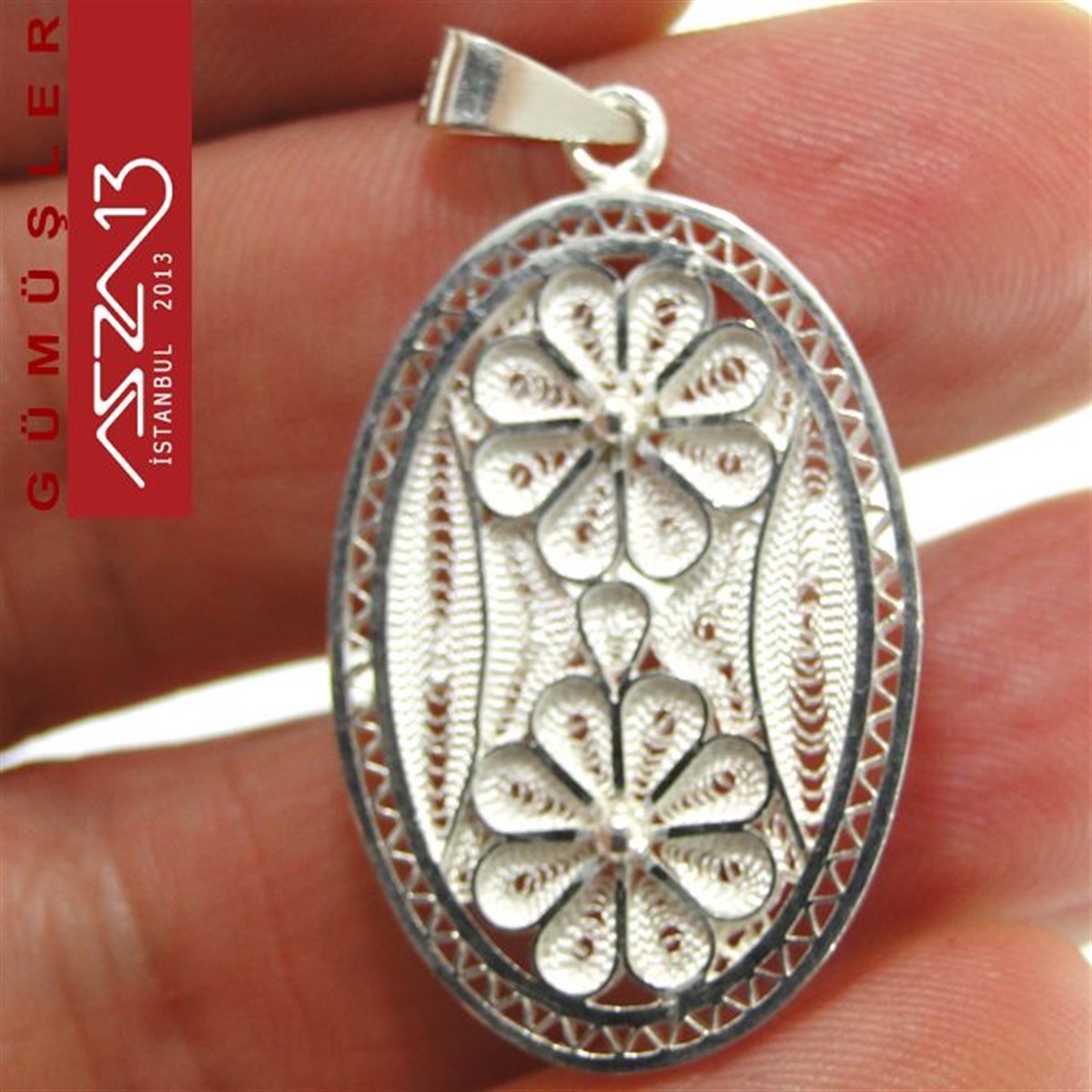 3,2x2,3 cm Dikey İki Çiçek Motifli Oval, 925 Gümüş Telkari Kolye Ucu Fligran (5,65 gr)