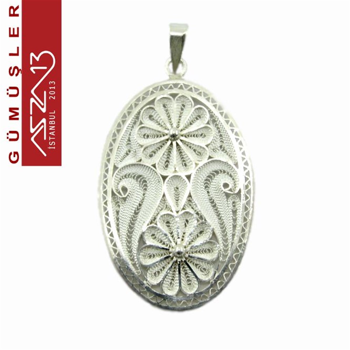 3,8x2,8 cm Dikey İki Çiçek Motifli Oval, 925 Gümüş Telkari Kolye Ucu Fligran (8,05 gr)