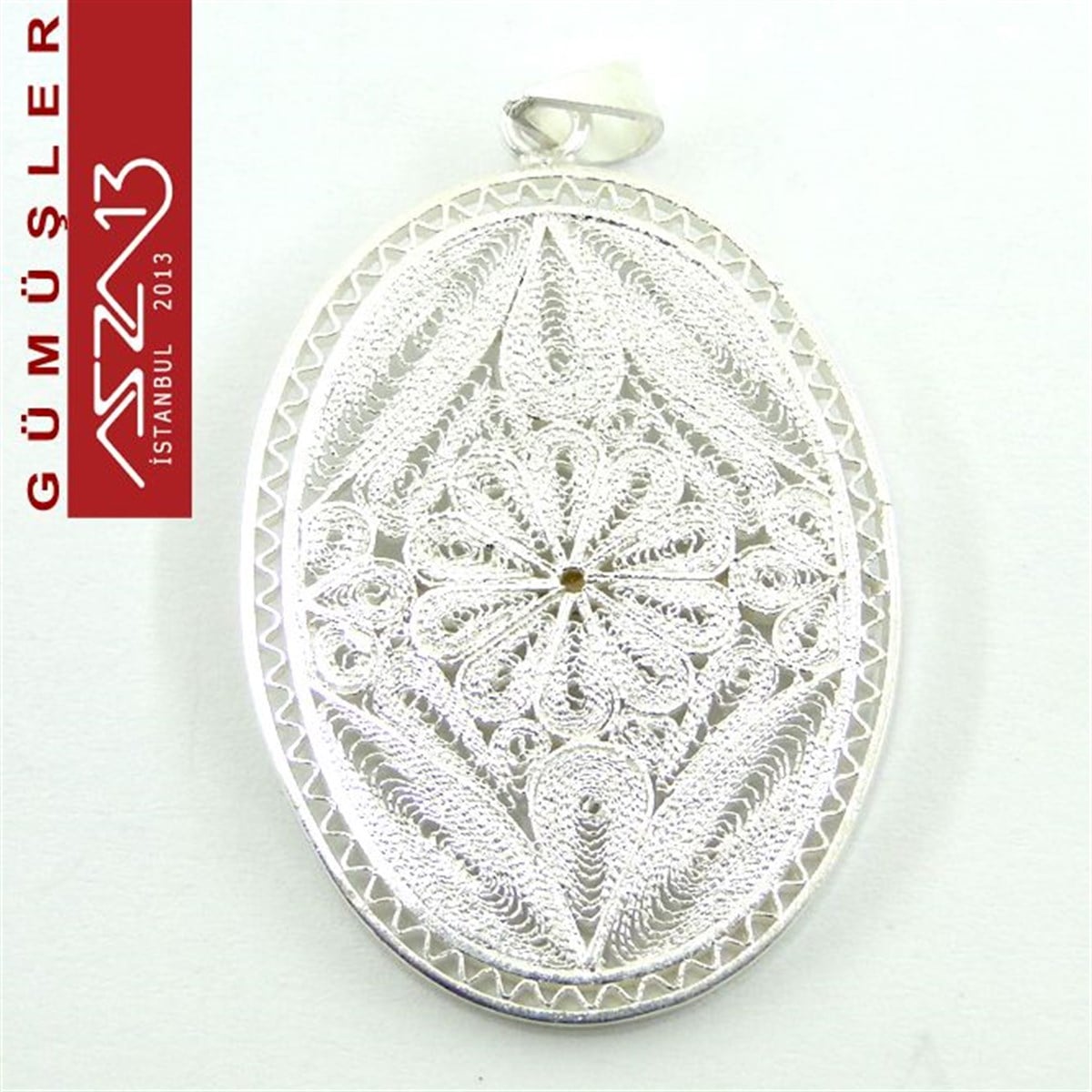 3,8x2,8 cm Tek Çiçek Motifli Oval, 925 Gümüş Telkari Kolye Ucu Fligran (7,80 gr)