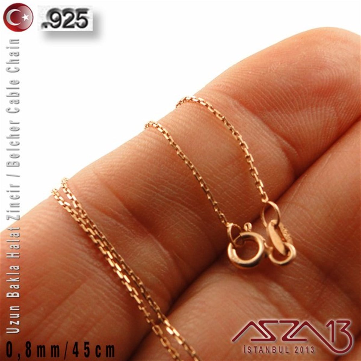 925 K Gümüş - 0,8 mm - Rose Gold Kaplama - Uzun Baklalı Halat (Cable) Zincir / 45 cm