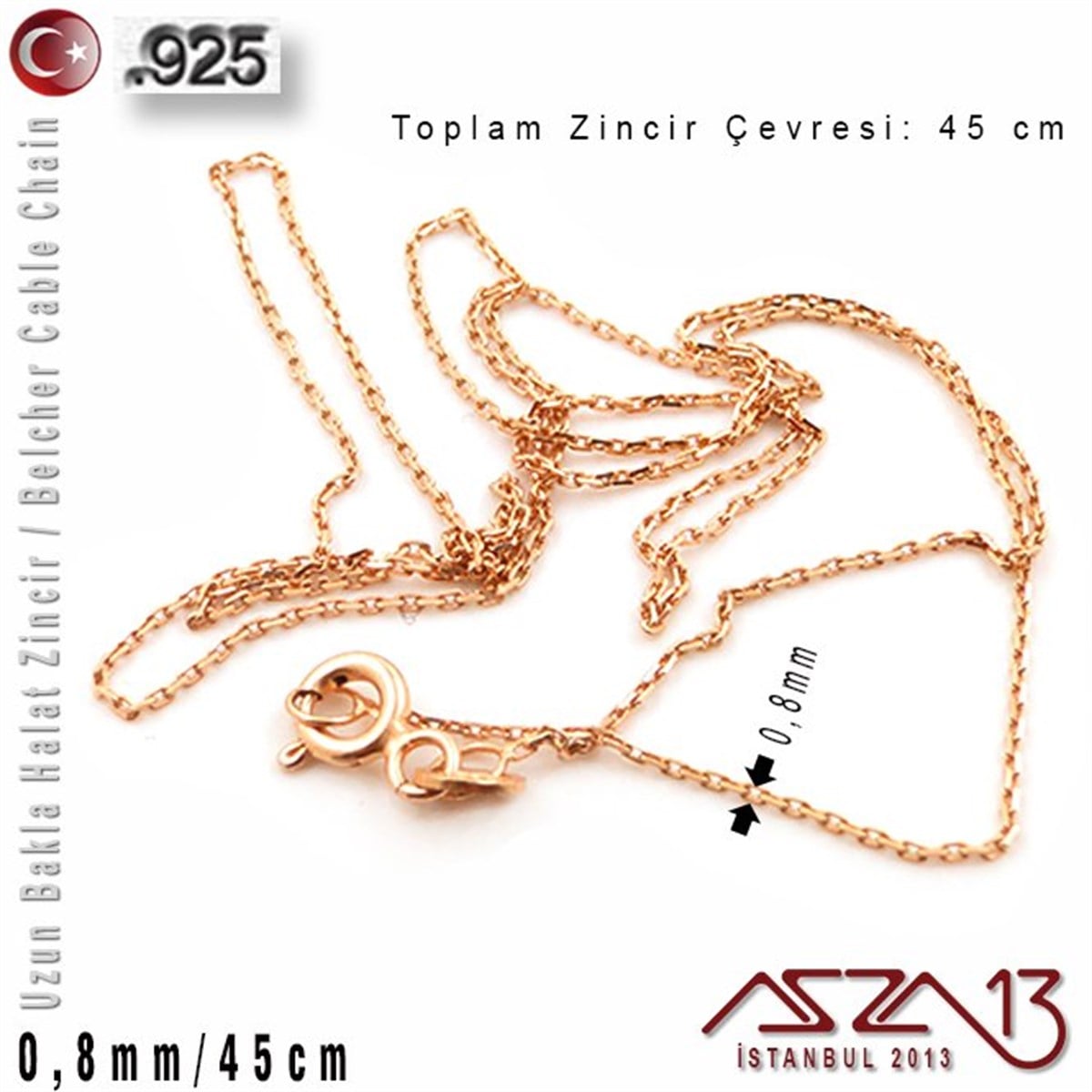 925 K Gümüş - 0,8 mm - Rose Gold Kaplama - Uzun Baklalı Halat (Cable) Zincir / 45 cm