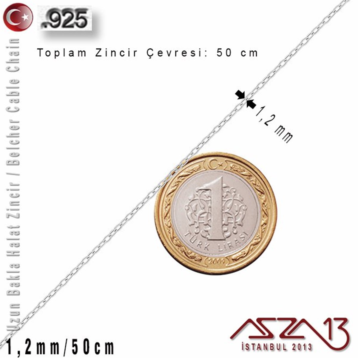 925 K Gümüş - 1,2 mm - Uzun Baklalı Halat (Cable) Zincir / 50 cm