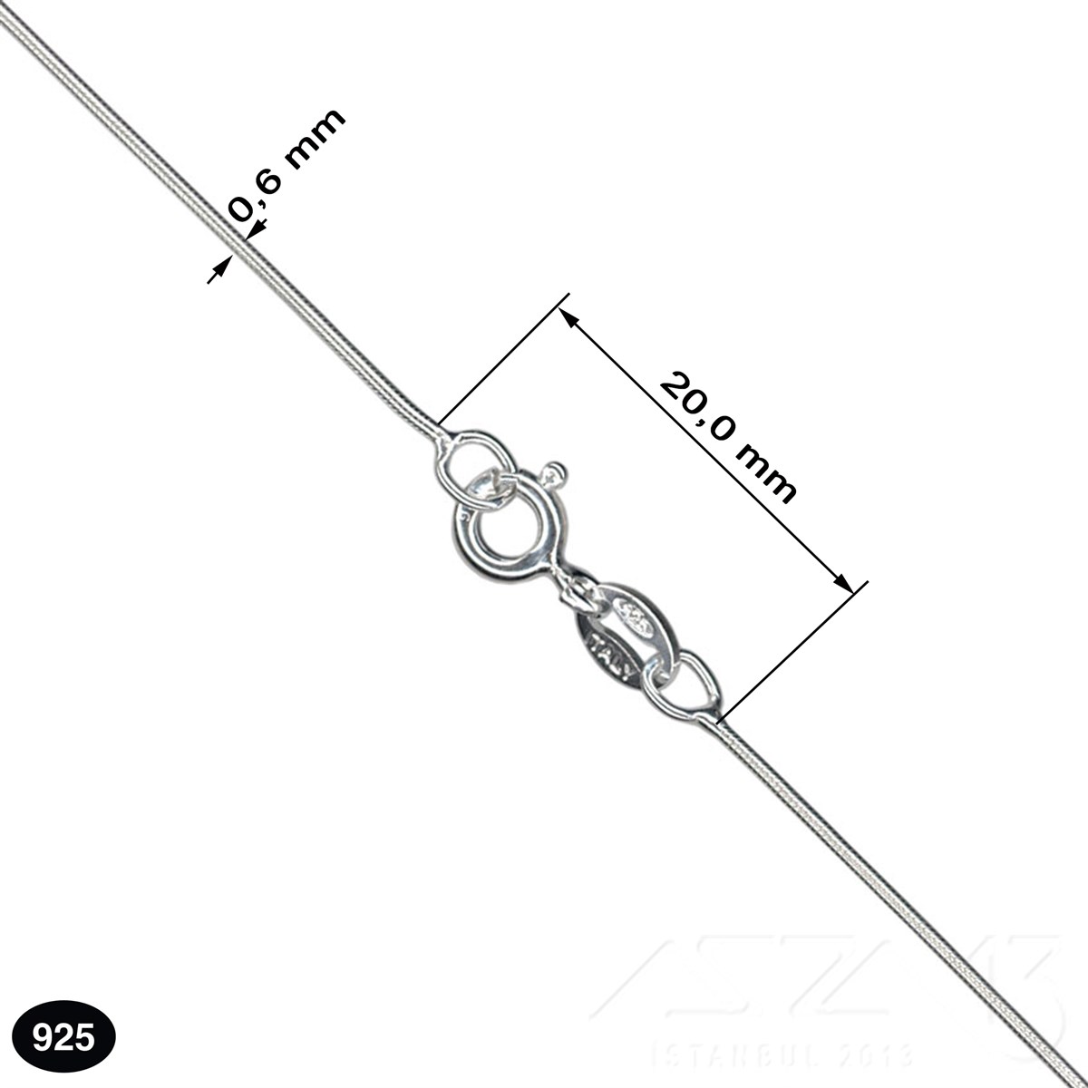 925K Gümüş Üzeri Rodyum Kaplama - Super İnce Yılan Zincir - 0,6 mm x 45 cm - 1 Adet