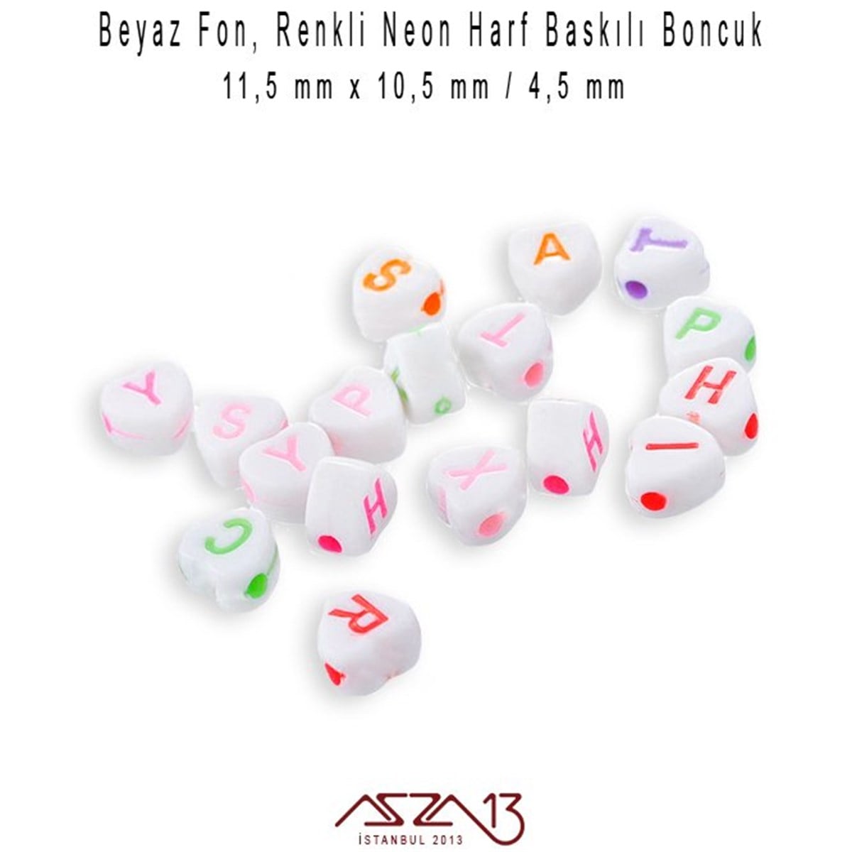 275 Adet 10,5 mm Beyaz Fon, Karışık Renkli Harfli Yassı Kalp Boncuk (100 Gr)