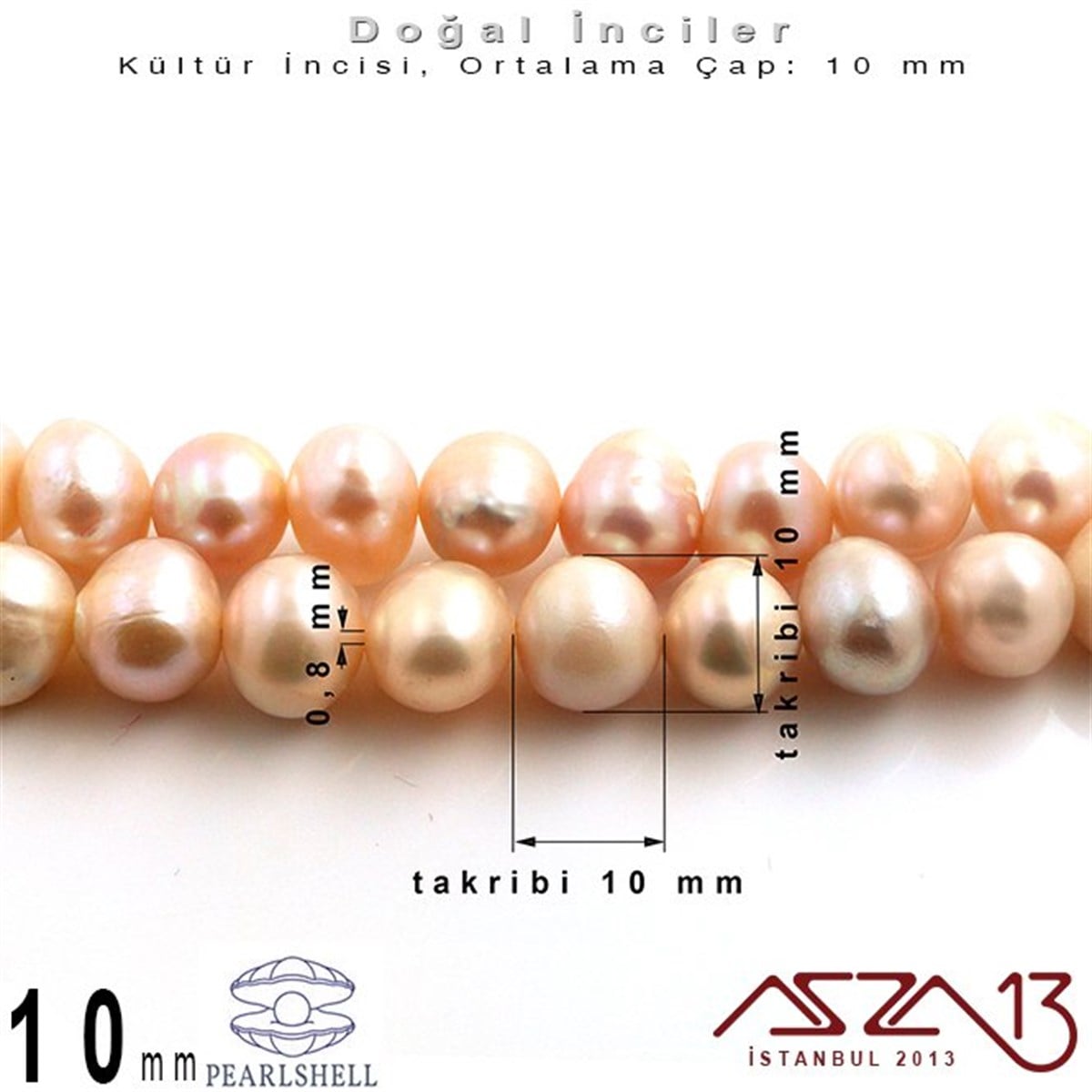 10 mm - Yuvarlak - Düz Yüzey - Doğal İnci (PearlShell) / 41 Adet (1 Dizi)