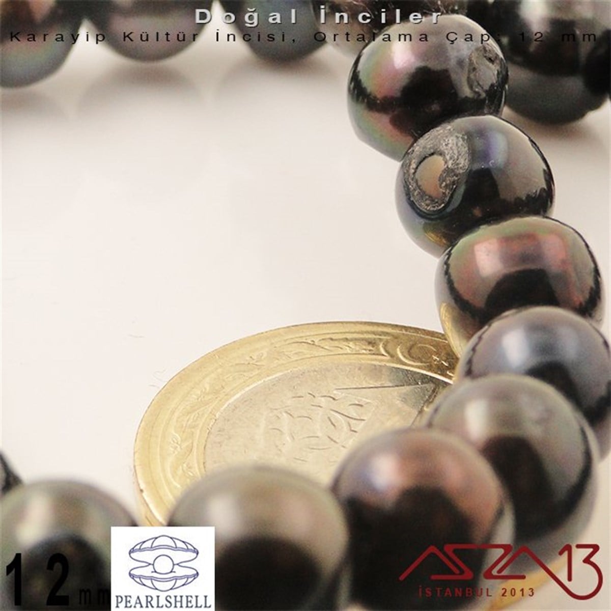 12 mm - Yuvarlak - Düz Yüzey - Doğal Karayip İnci (PearlShell) / 41 Adet (1 Dizi)