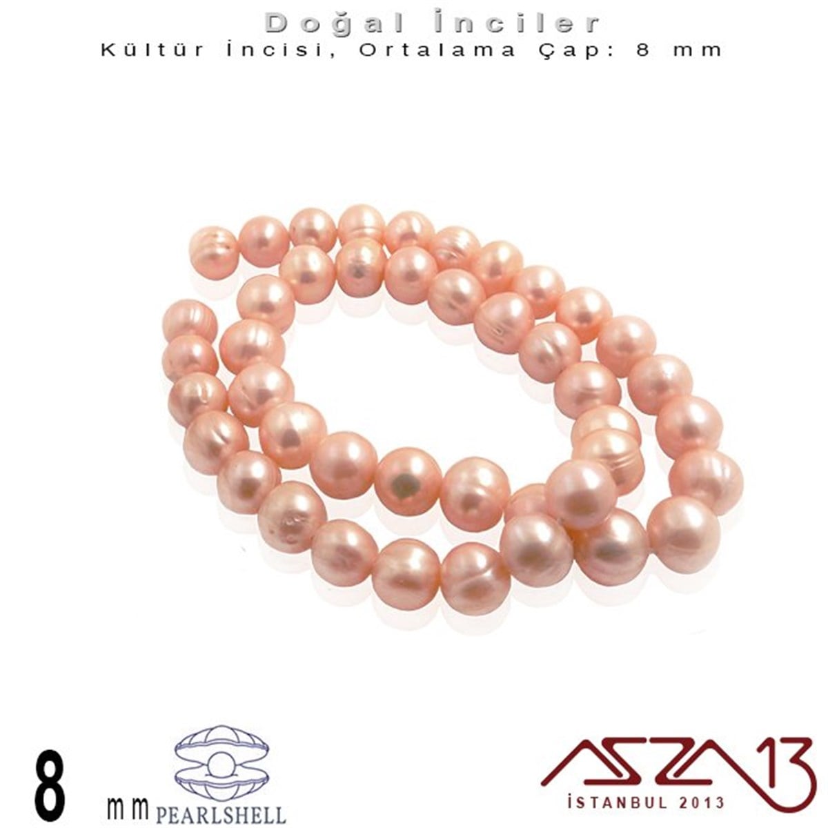 8 mm - Yuvarlak - Düz Yüzey - Doğal İnci (PearlShell) / 61 Adet (1 Dizi)
