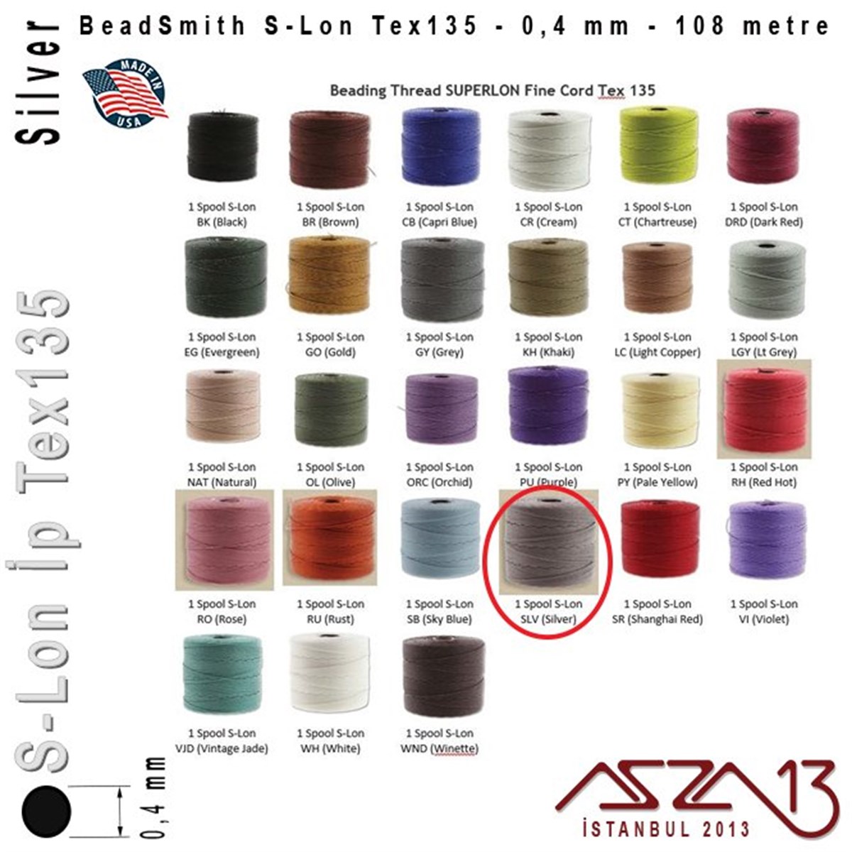 S-Lon Tex135 Fine - Silver - Gümüş - 0,4 mm Kalınlıkta İp / 108 metre