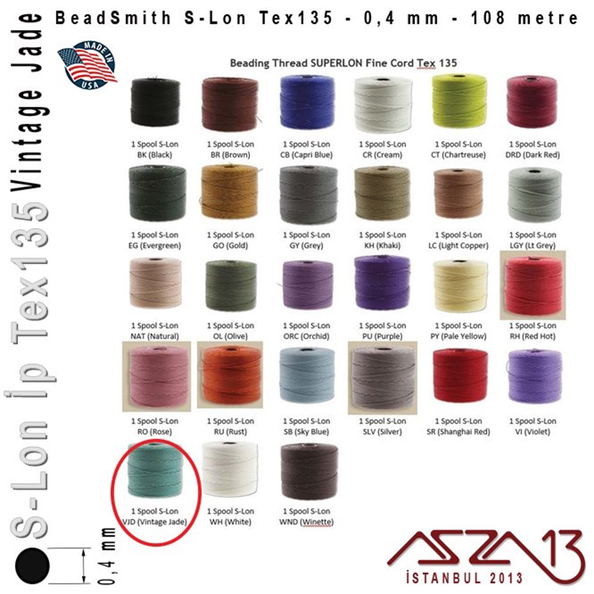 S-Lon Tex135 Fine - Vintage Jade - Yeşim - 0,4 mm Kalınlıkta İp / 108 metre