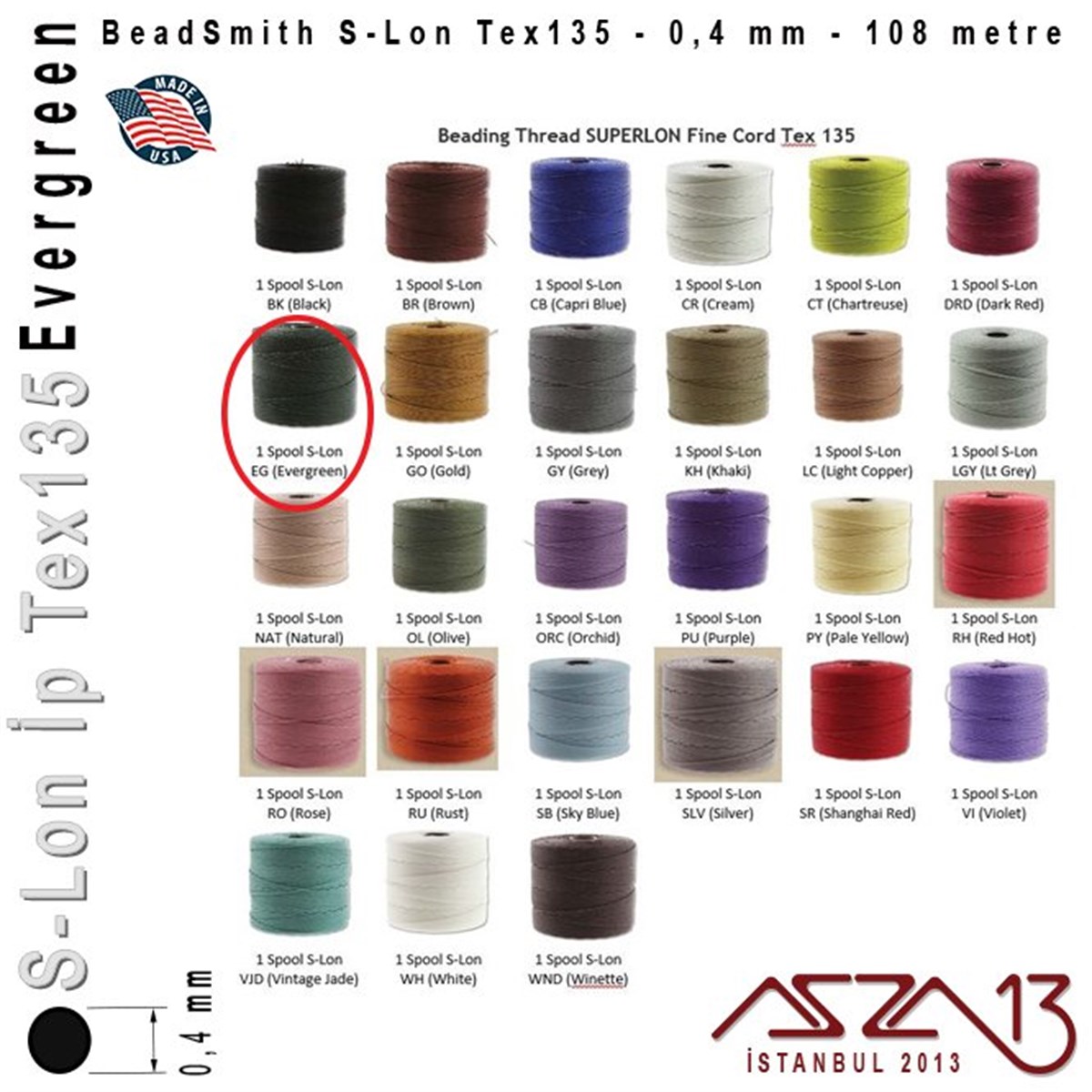 S-Lon Tex135 Fine - Evergreen - Yaprak Yeşil - 0,4 mm Kalınlıkta İp / 108 metre