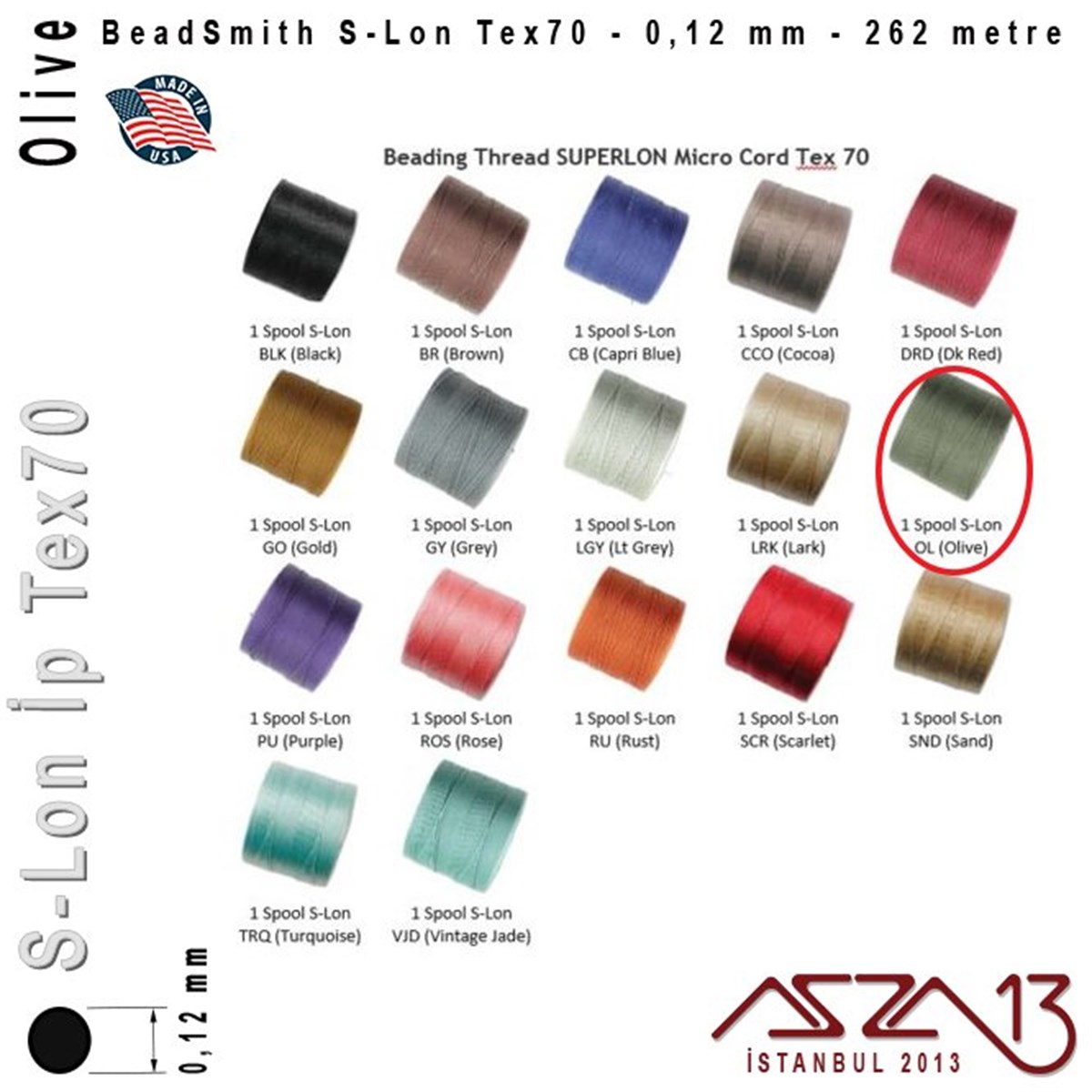 S-Lon Tex70 Micro - Olive - Zeytin - 0,12 mm Kalınlıkta İp / 262 metre