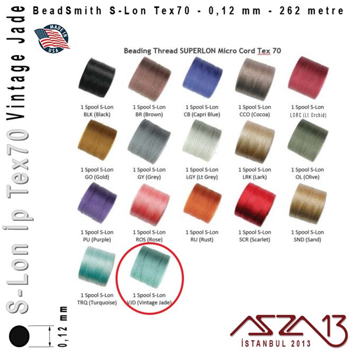S-Lon Tex70 Micro - Vintage Jade - Yeşim - 0,12 mm Kalınlıkta İp / 262 metre