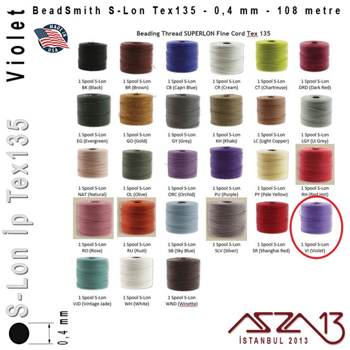 S-Lon Tex135 Fine - Violet - Menekşe - 0,4 mm Kalınlıkta İp / 108 metre