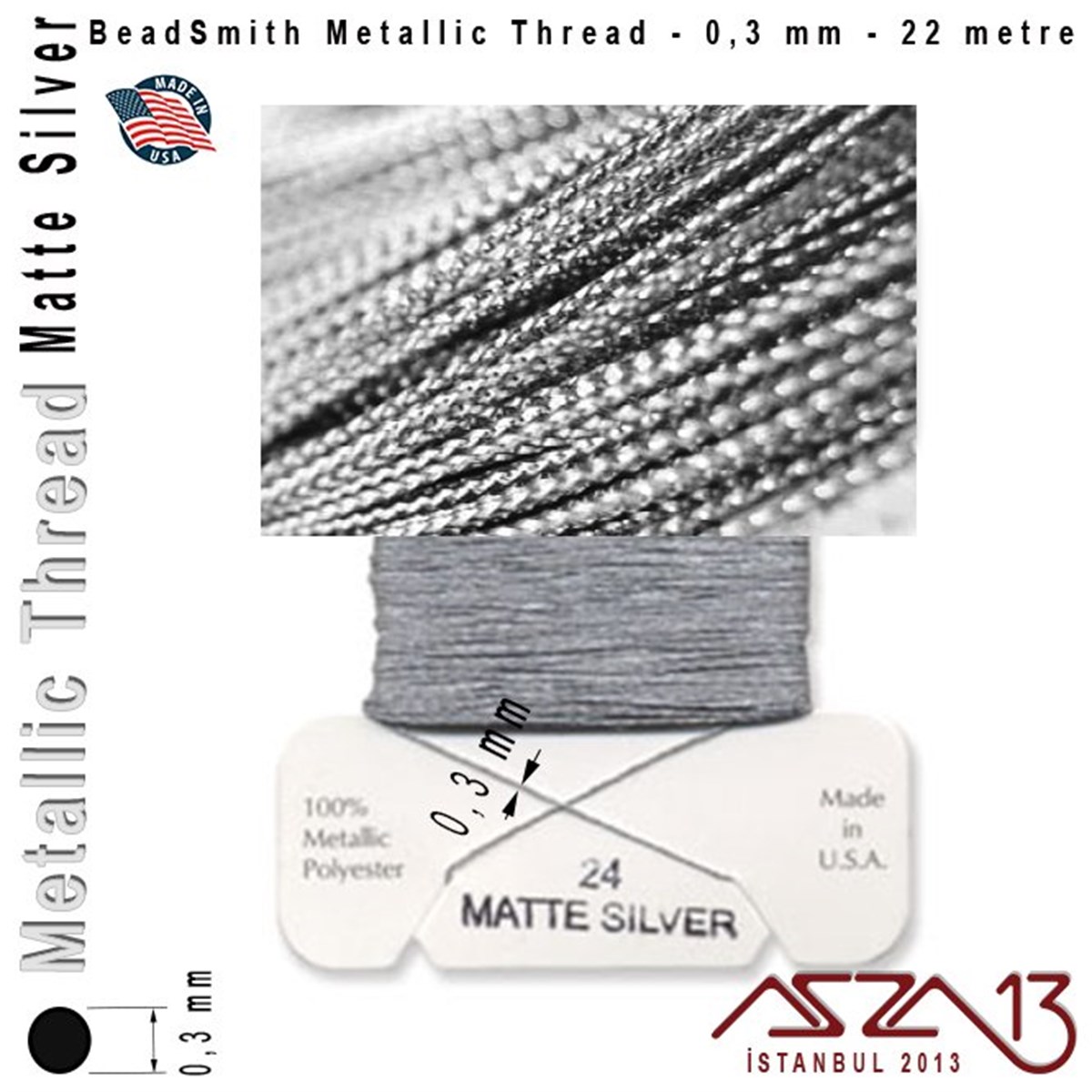 Metalik İp - Matte Silver - Mat Gümüş - 0,30 mm Kalınlıkta İp / 22 metre
