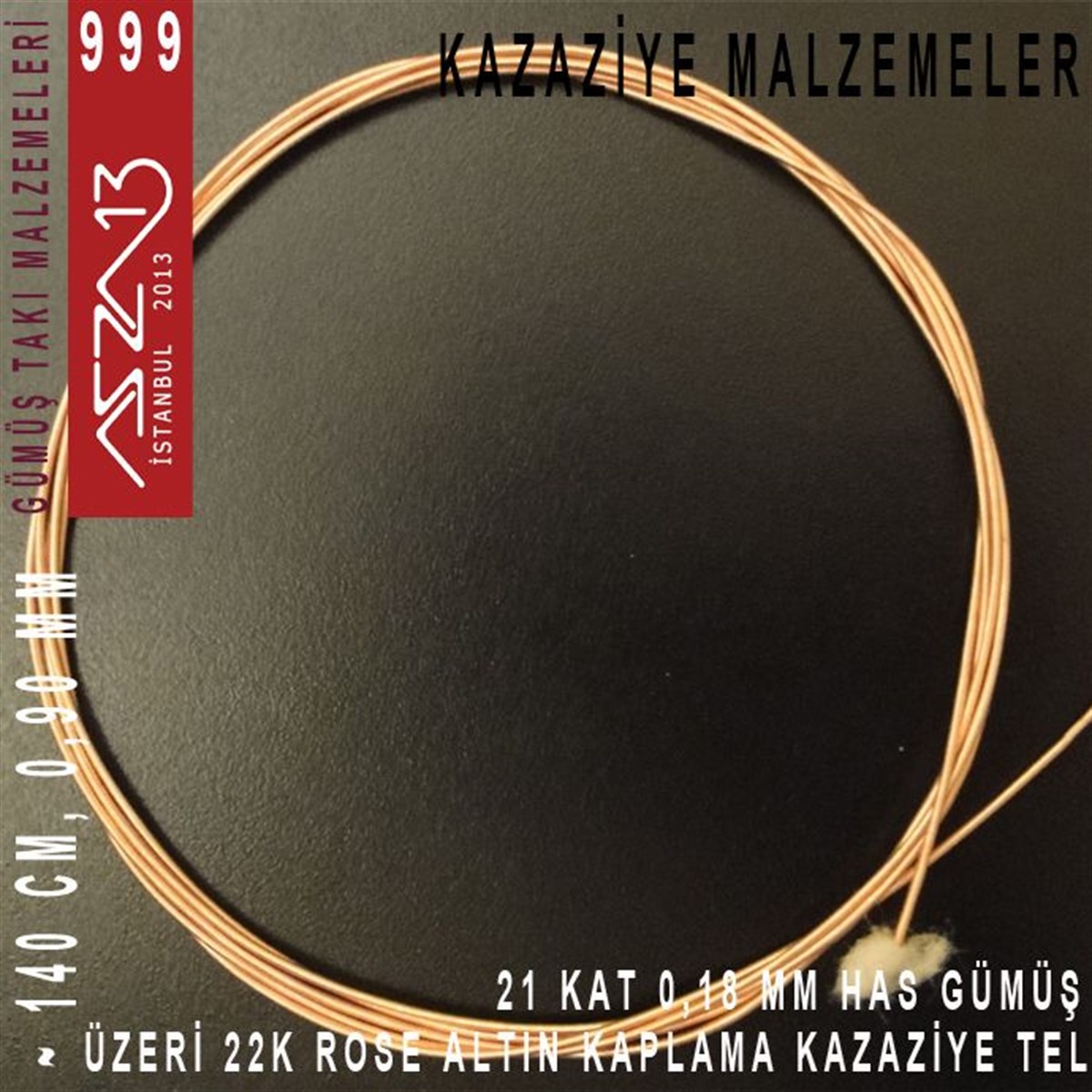 21 Kat (18 Mikron Telden), 140 cm, 1000K Gümüş 22K Rose Altın Kaplamalı Kazaziye Teli / Paket İçeriği 1 Adet