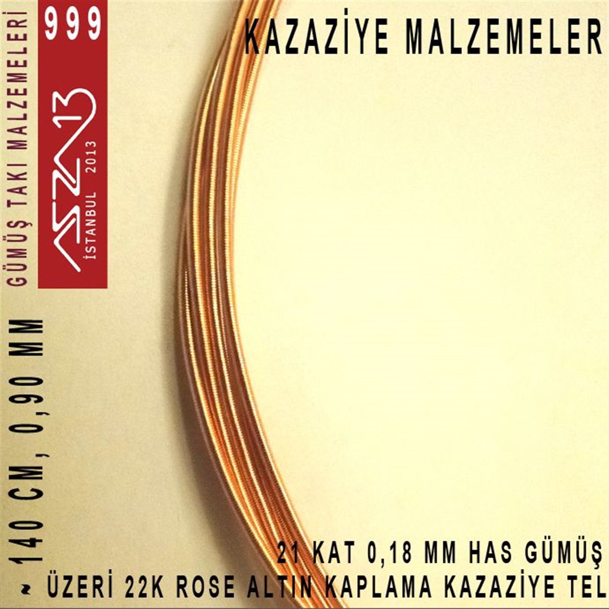 21 Kat (18 Mikron Telden), 140 cm, 1000K Gümüş 22K Rose Altın Kaplamalı Kazaziye Teli / Paket İçeriği 1 Adet