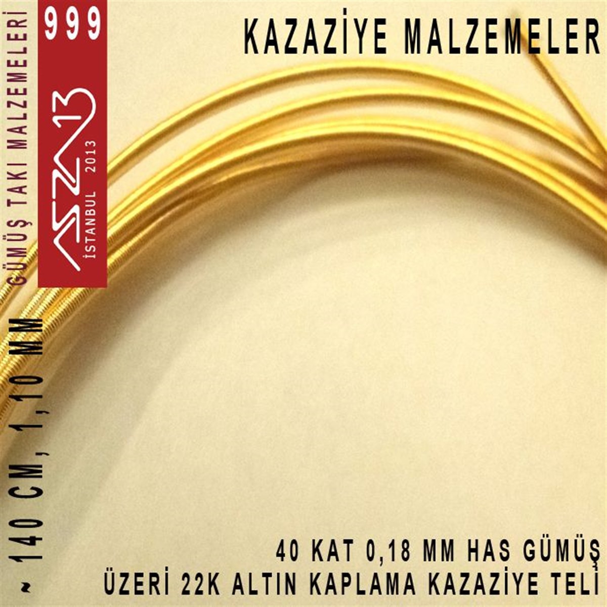 40 Kat (18 Mikron Telden), 140 cm, 1000K Gümüş 22K Altın Kaplamalı Kazaziye Teli / Paket İçeriği 1 Adet