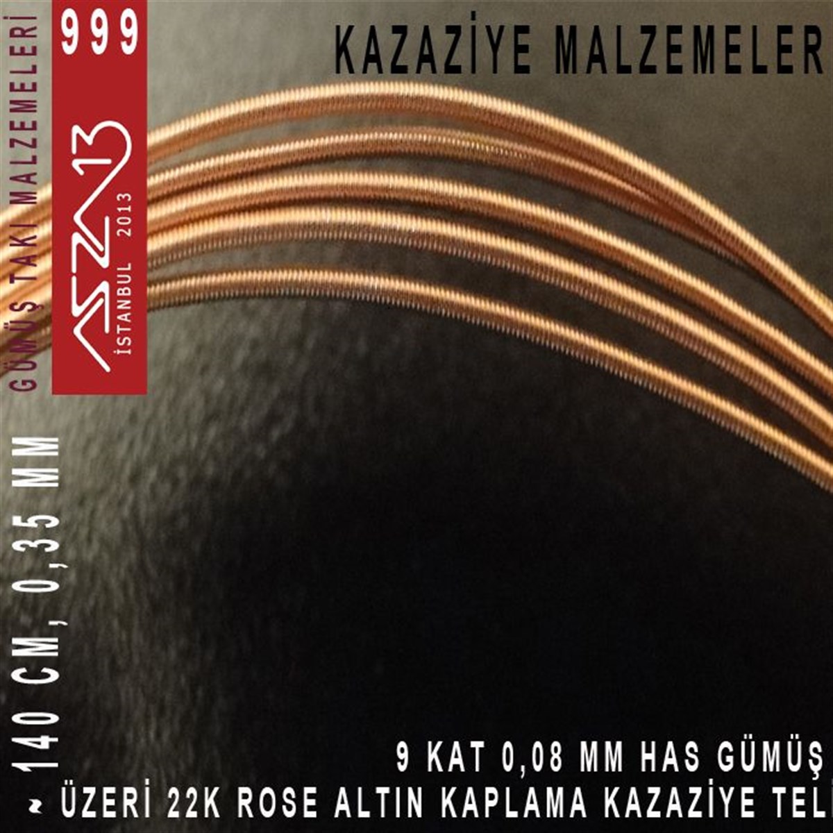 9 Kat (8 Mikron Telden), 140 cm, 1000K Gümüş 22K Rose Altın Kaplamalı Kazaziye Teli / Paket İçeriği 1 Adet