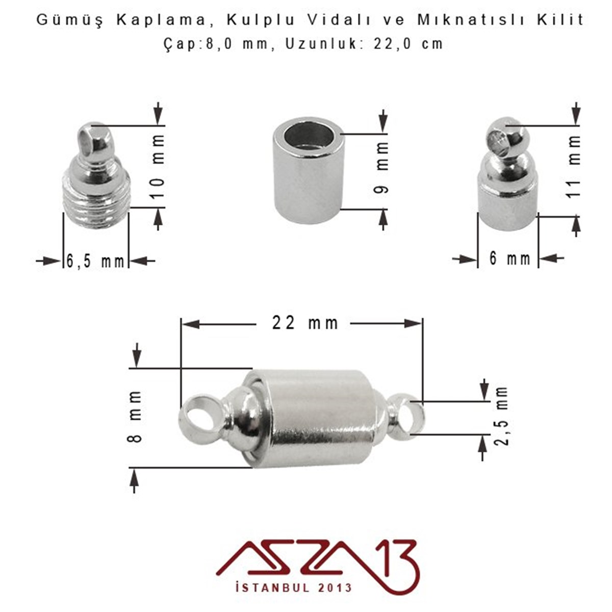 Gümüş Kaplama, Kulplu Mıknatıslı ve Vidalı Kilit / Paket İçeriği 1 Adet