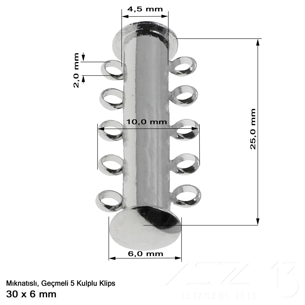 Klips - Mıknatıslı ve Kızaklı - Beş Kulplu, Rodyum Kaplamalı - 30 mm / 1 Adet