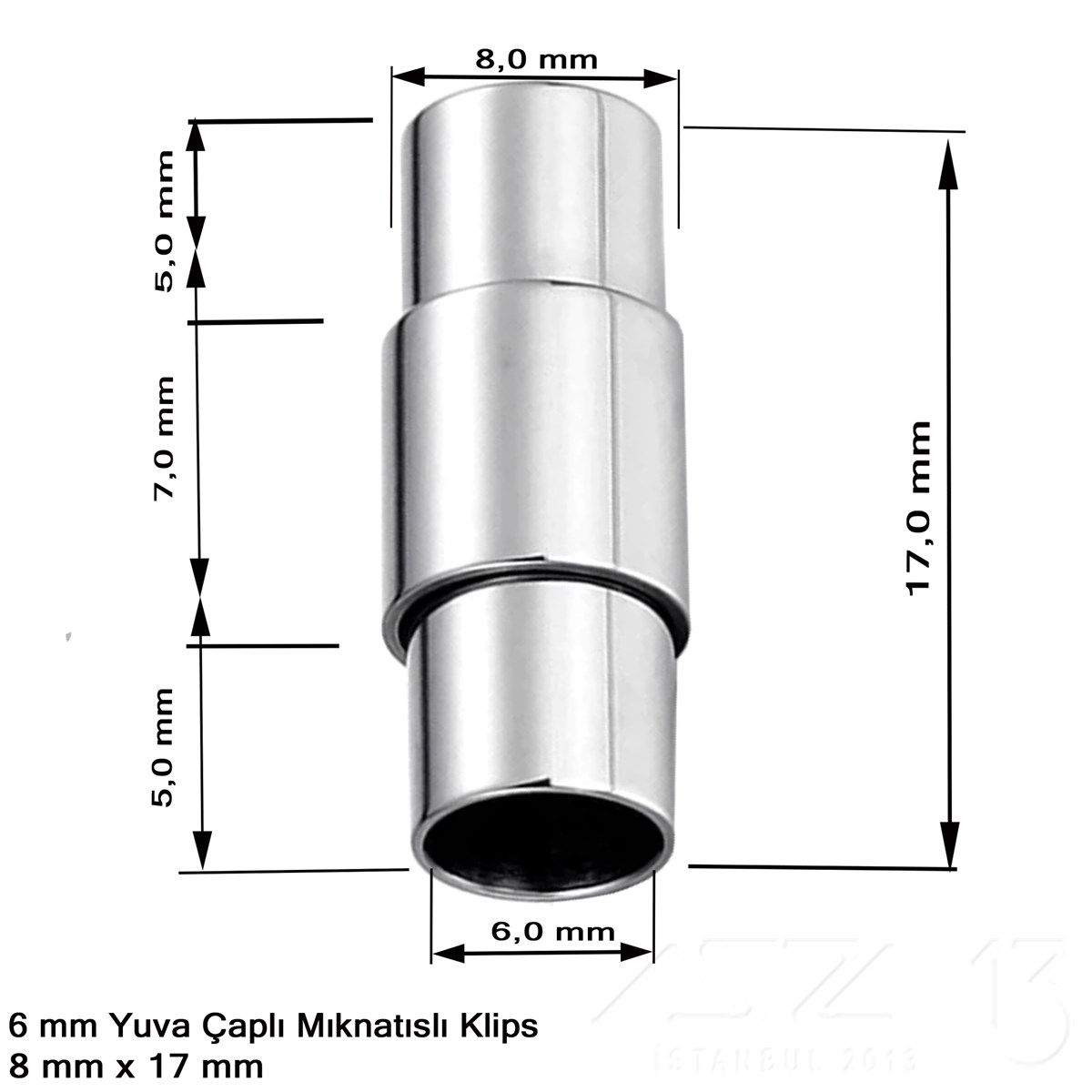 Klips - Mıknatıslı, Silindirik - Yuvalı ve Rodyum Kaplamalı - 6 mm / 1 Adet