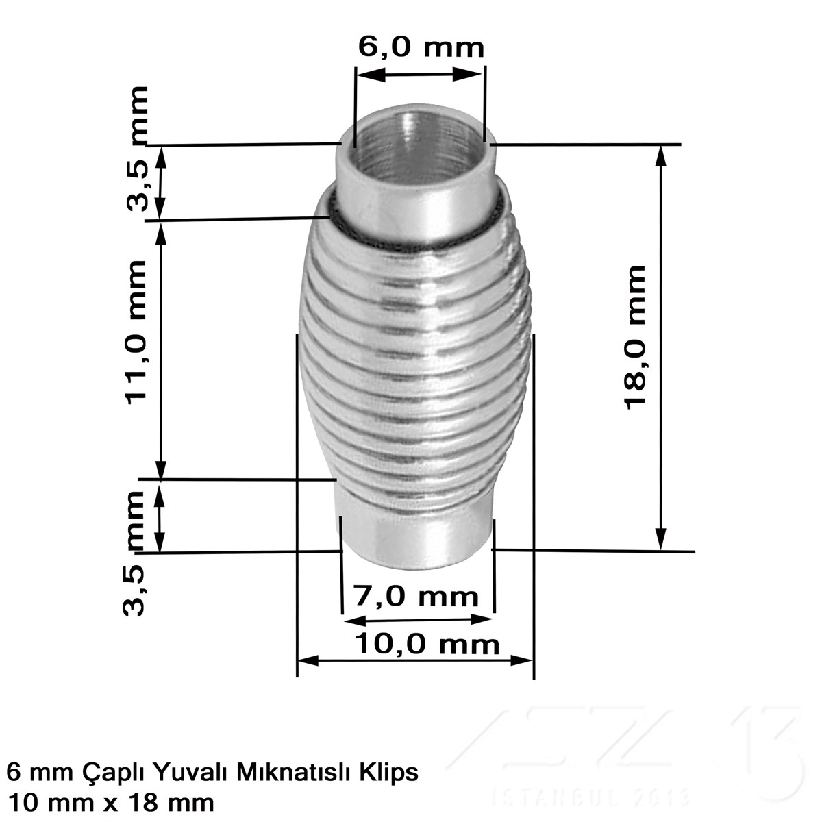 Klips - Mıknatıslı, Yivli Silindirik - Yuvalı ve Rodyum Kaplamalı - 6 mm / 1 Adet