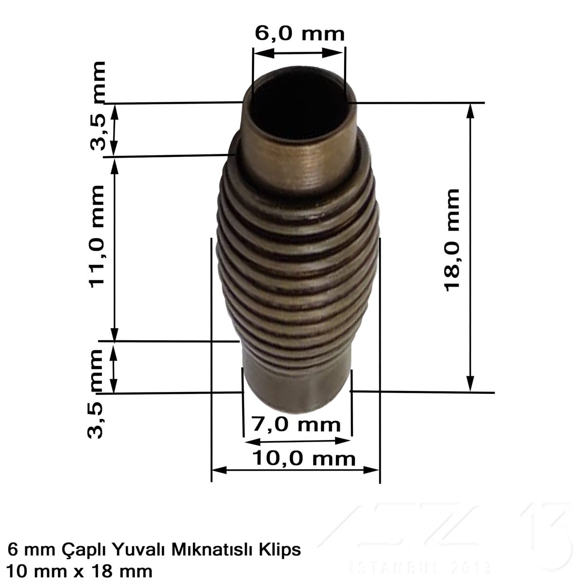 Klips - Mıknatıslı, Yivli Silindirik - Yuvalı ve Antik Pirinç Kaplamalı - 6 mm / 1 Adet