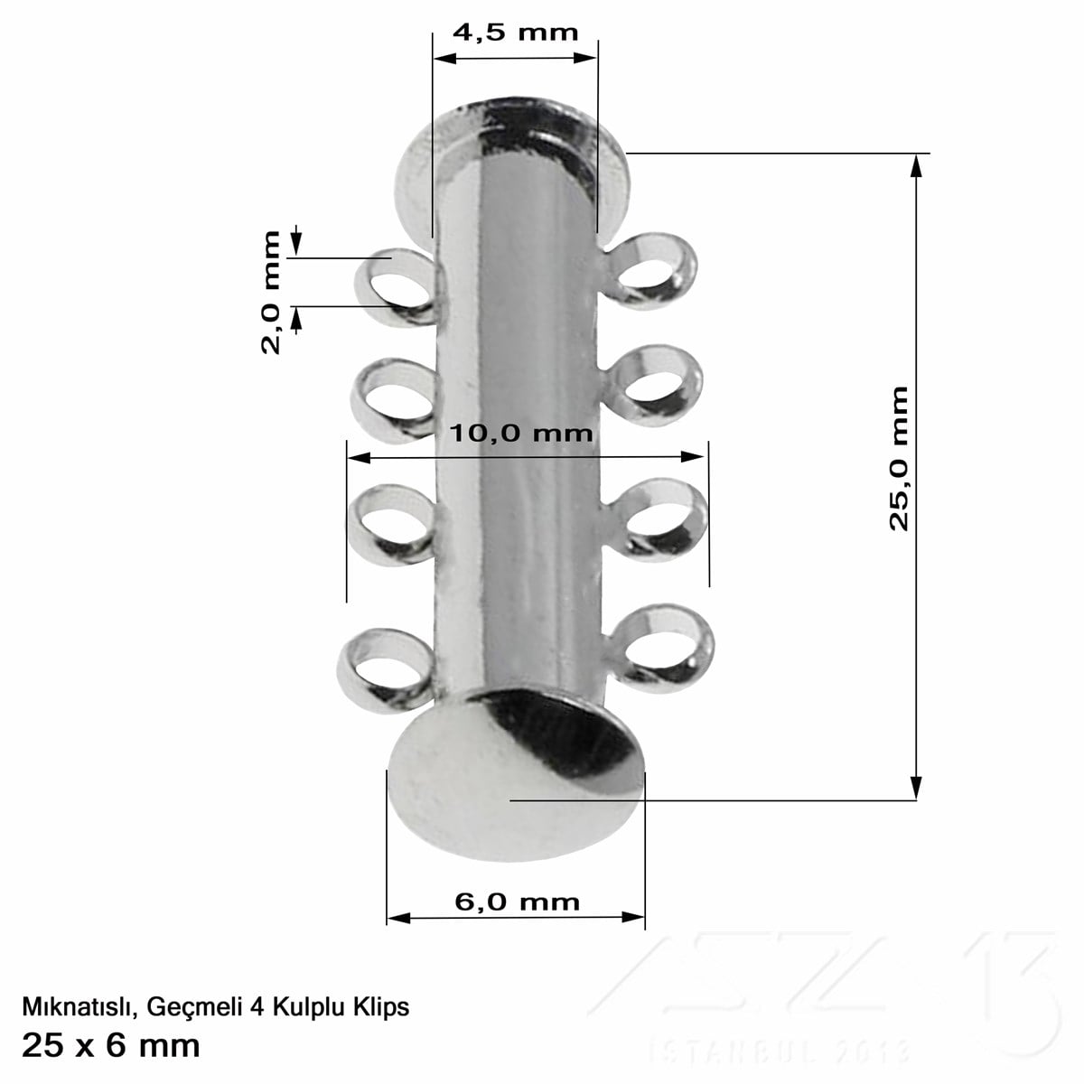 Klips - Mıknatıslı ve Kızaklı - Dört Kulplu, Rodyum Kaplamalı - 25 mm / 1 Adet