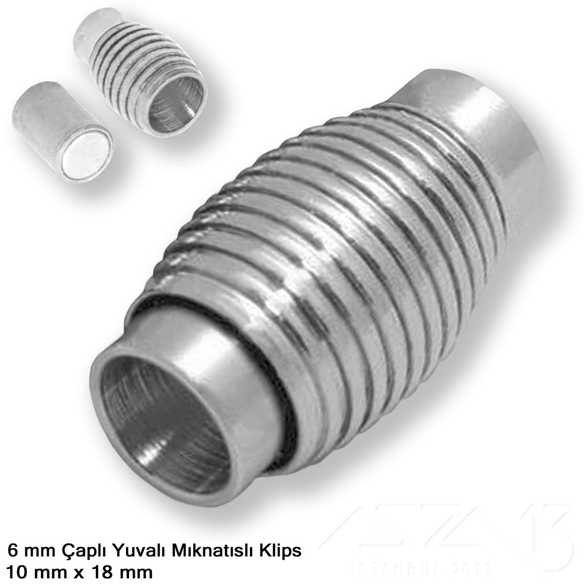 Klips - Mıknatıslı, Yivli Silindirik - Yuvalı ve Rodyum Kaplamalı - 6 mm / 1 Adet