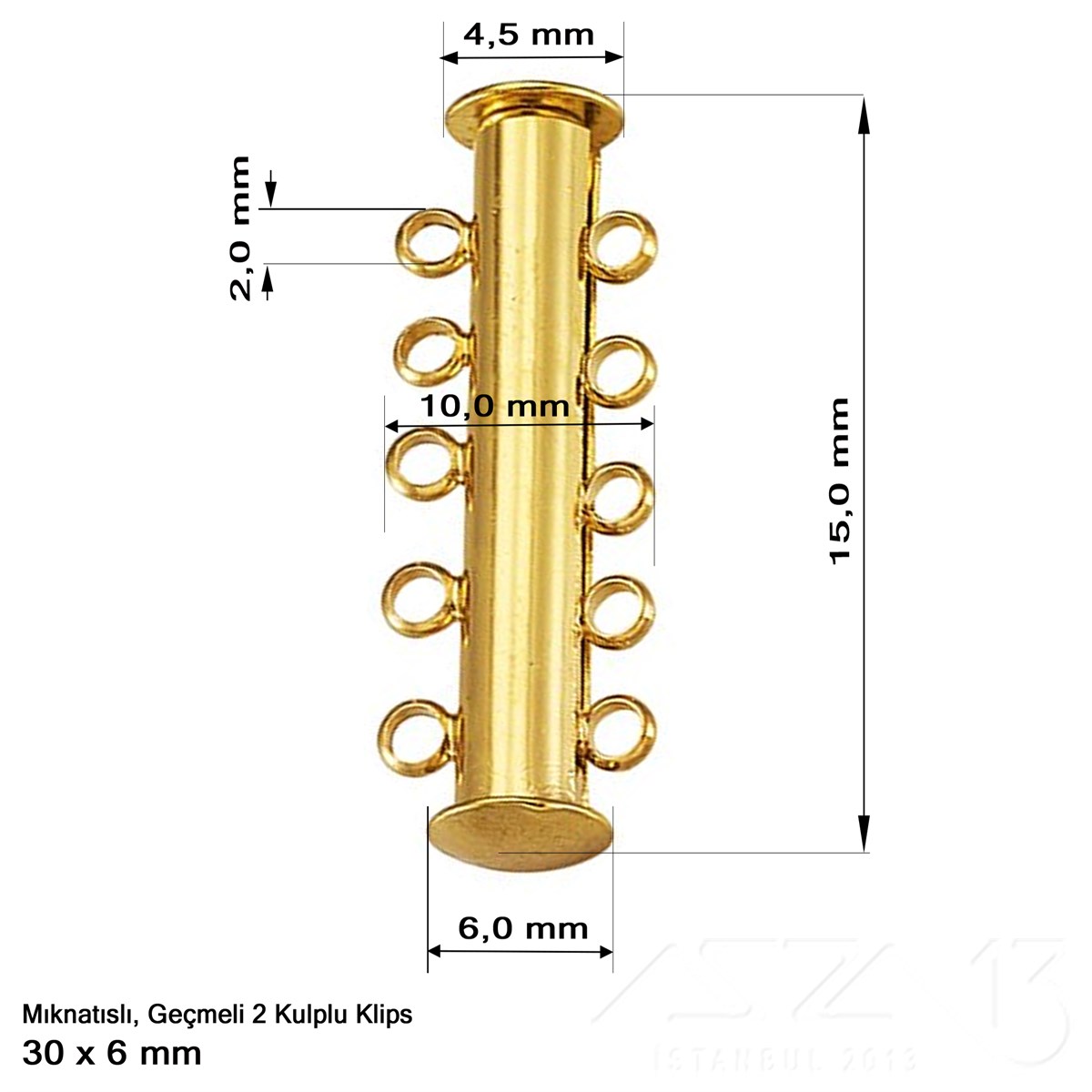 Klips - Mıknatıslı ve Kızaklı - Beş Kulplu, Altın Kaplamalı - 30 mm / 1 Adet