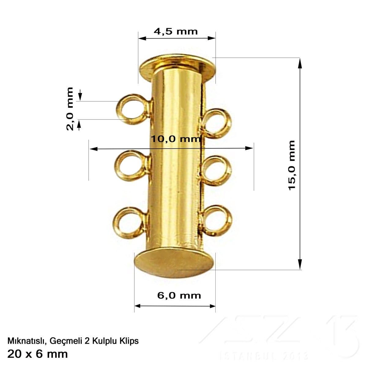 Klips - Mıknatıslı ve Kızaklı - Üç Kulplu, Altın Kaplamalı - 20 mm / 1 Adet