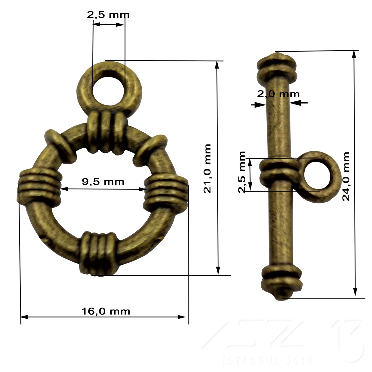 Halka Geçmeli Kilit / Antik Pirinç Kaplama / 9,5 mm / 3 Set