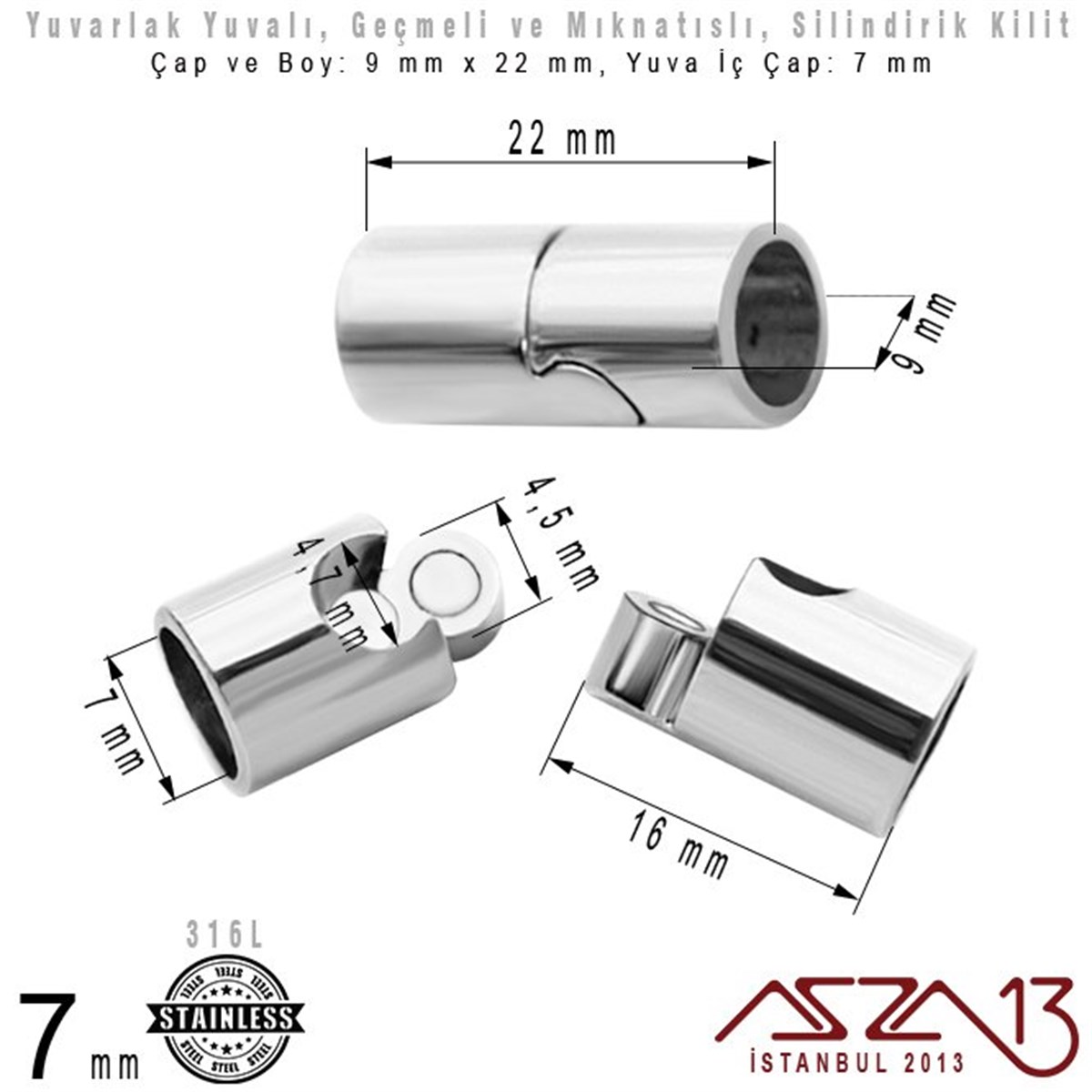 316L Çelik Mıknatıslı ve Geçmeli Kilit (Klips) - 7 mm Yuvalı 22x9 mm / 1 Adet