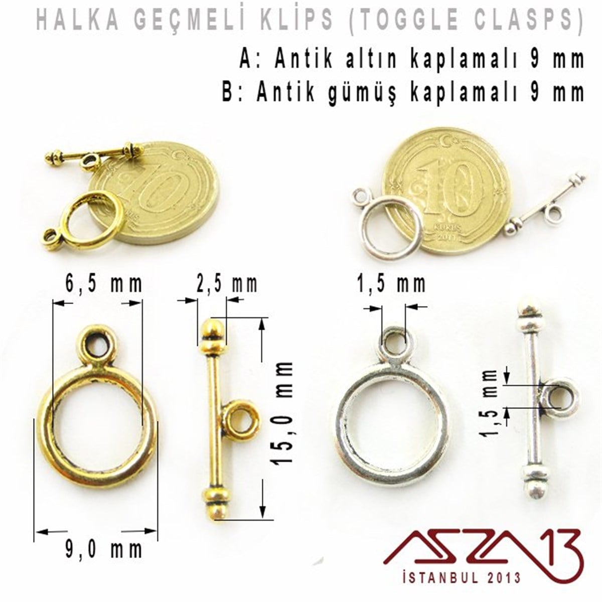 Antik Altın ve Gümüş Kaplamalı, 9 mm Halka Geçmeli Kilit / Paket İçeriği 1 Set