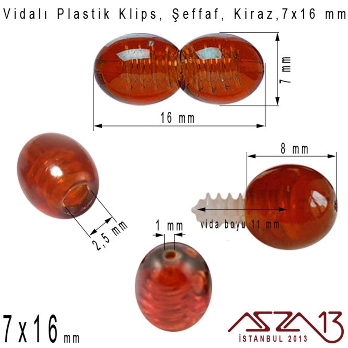 Plastik Vidalı Boncuk Kilit (Klips) - Şeffaf Kiraz - 16x7 mm / 1 Adet