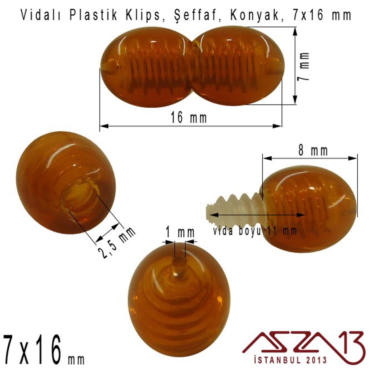 Plastik Vidalı Boncuk Kilit (Klips) - Şeffaf Konyak - 16x7 mm / 1 Adet
