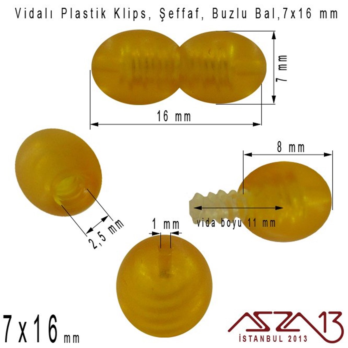Plastik Vidalı Boncuk Kilit (Klips) - Şeffaf Buzlu Amber - 16x7 mm / 1 Adet