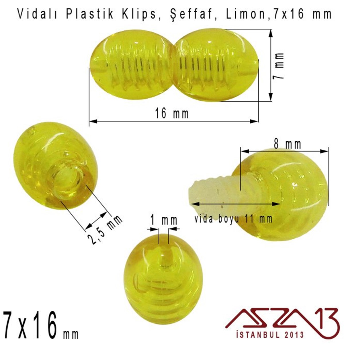 Plastik Vidalı Boncuk Kilit (Klips) - Şeffaf Limon - 16x7 mm / 1 Adet