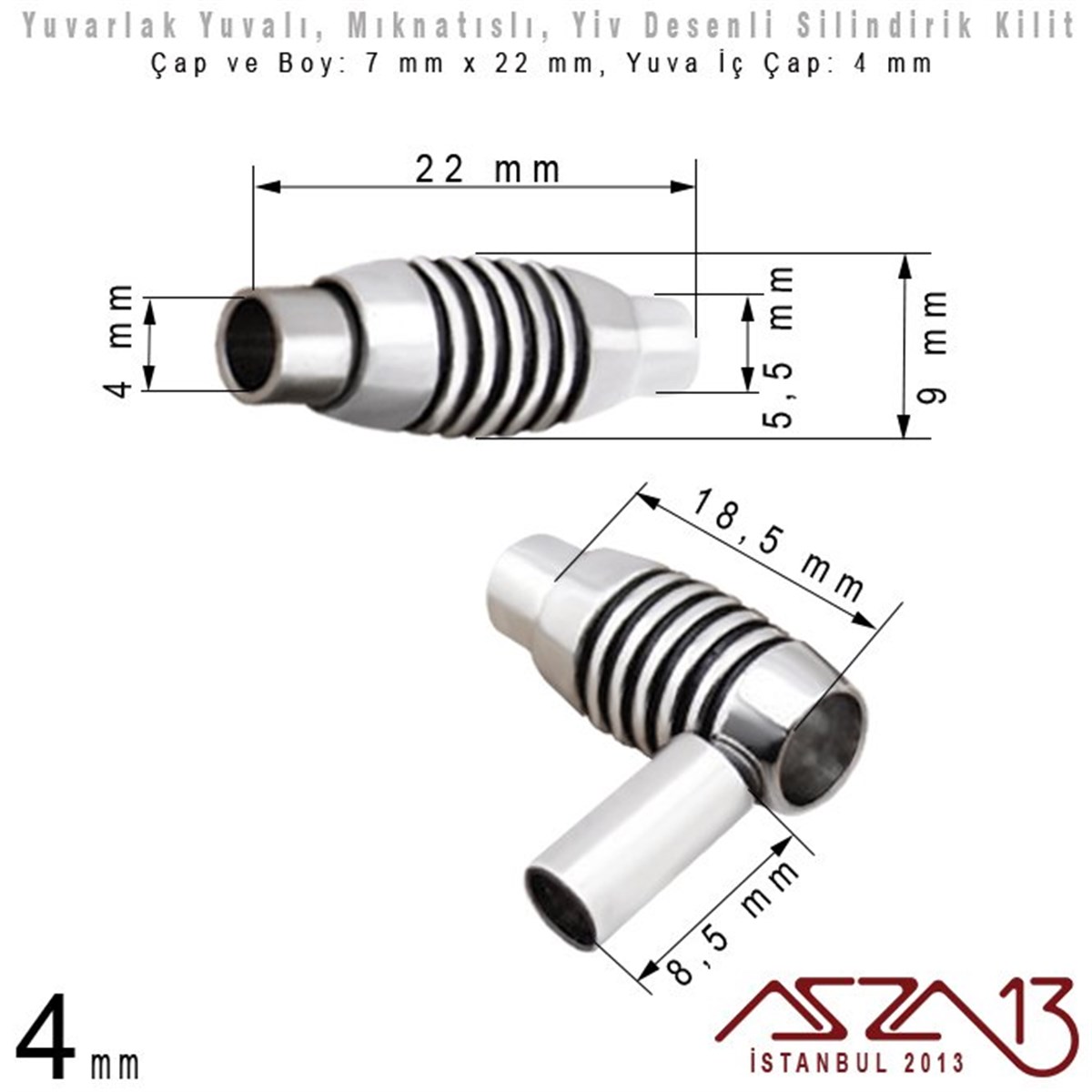 Rodyum Kaplamalı Yivli Mıknatıslı Kilit (Klips) - 4 mm Yuvalı 22x9 mm / 1 Adet