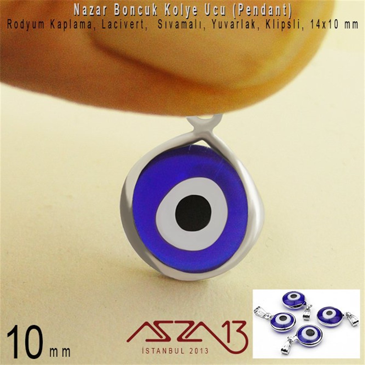 Rodyum Kaplamalı - 10 mm, Yuvarlak, Klipsli - Epoksi Nazar Boncuk Kolye Ucu (Pendant) / 1 Adet