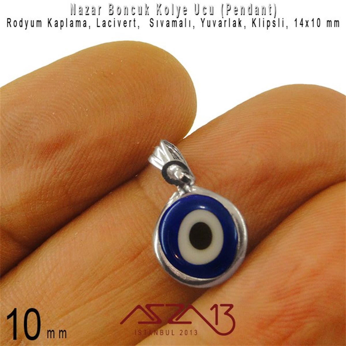 Rodyum Kaplamalı - 10 mm, Yuvarlak, Klipsli - Epoksi Nazar Boncuk Kolye Ucu (Pendant) / 1 Adet