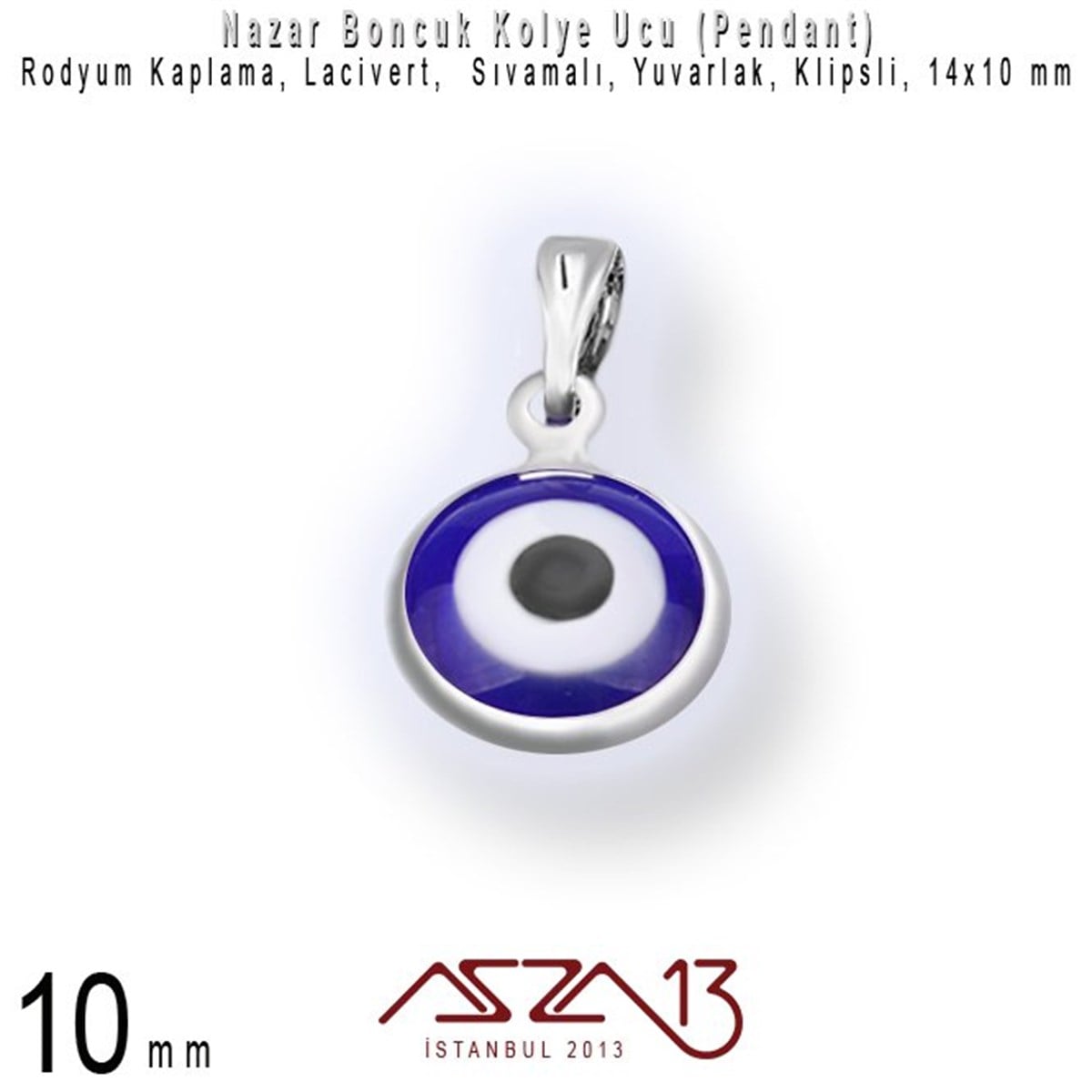 Rodyum Kaplamalı - 10 mm, Yuvarlak, Klipsli - Epoksi Nazar Boncuk Kolye Ucu (Pendant) / 1 Adet