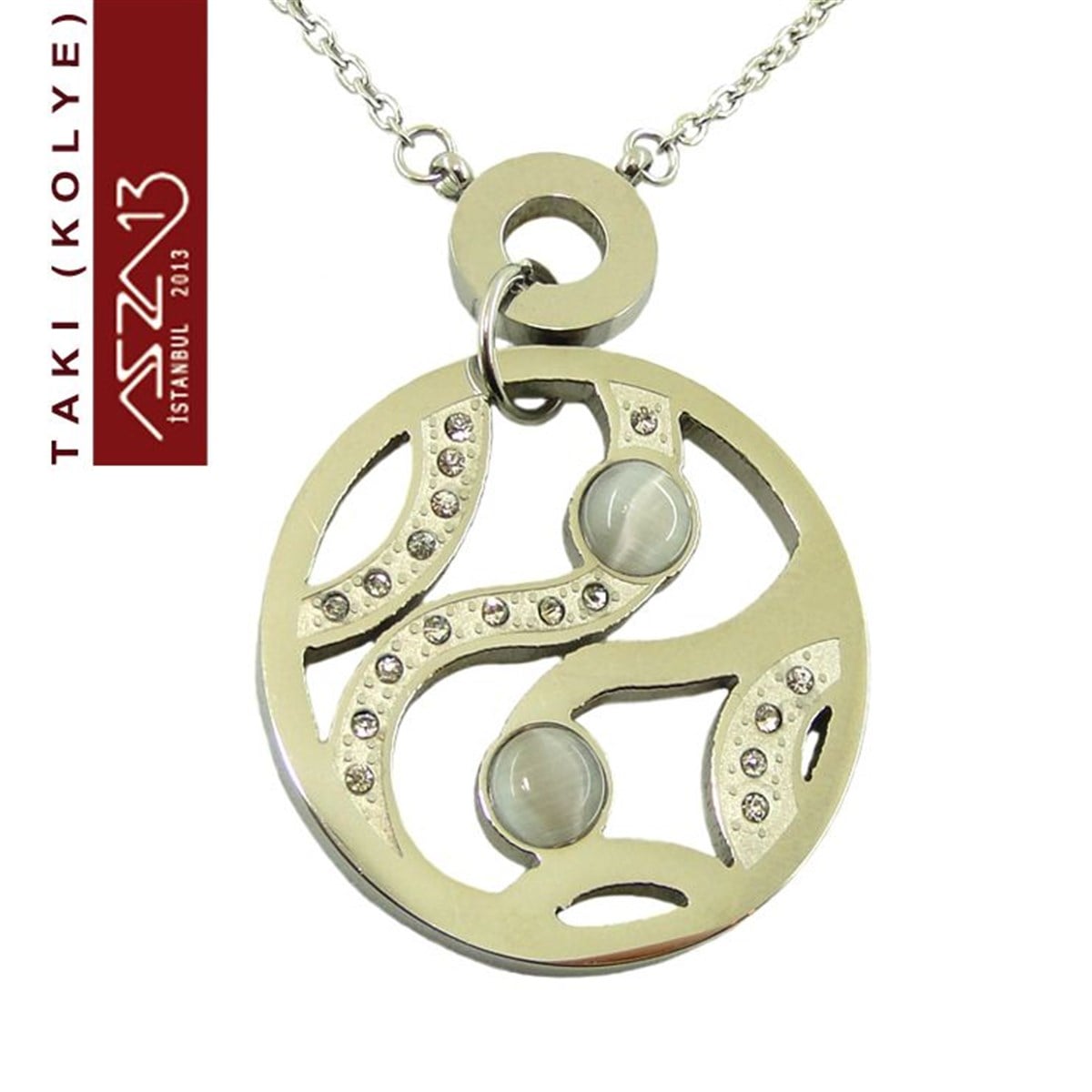 316 L Çelik Kristal Taşlı Yuvarlak Madalyon Kolye (Zincir Boyu 45 cm)