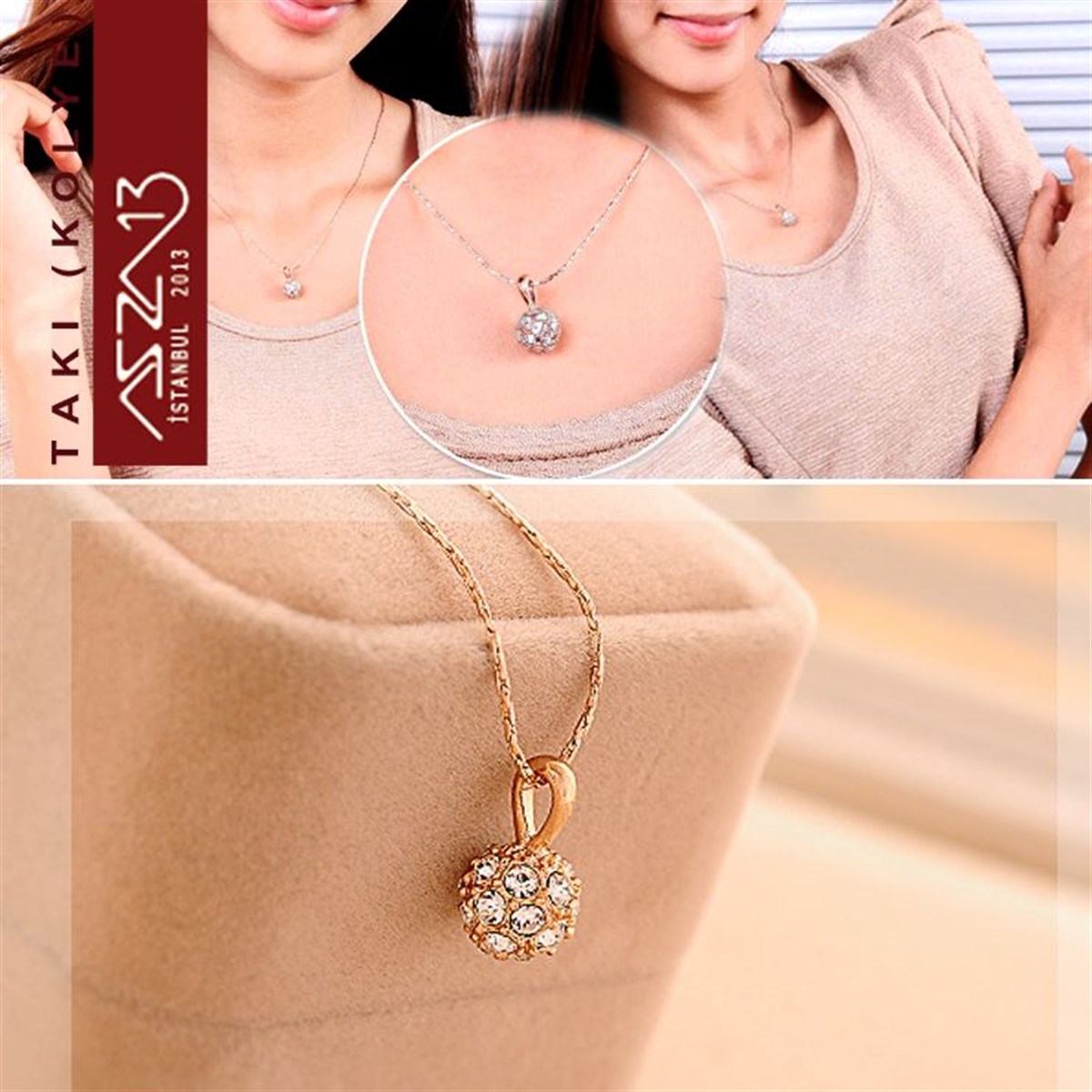 Altın Kaplama Kristal Taşlı Top Kolye (Zincir Boyu 45 cm)