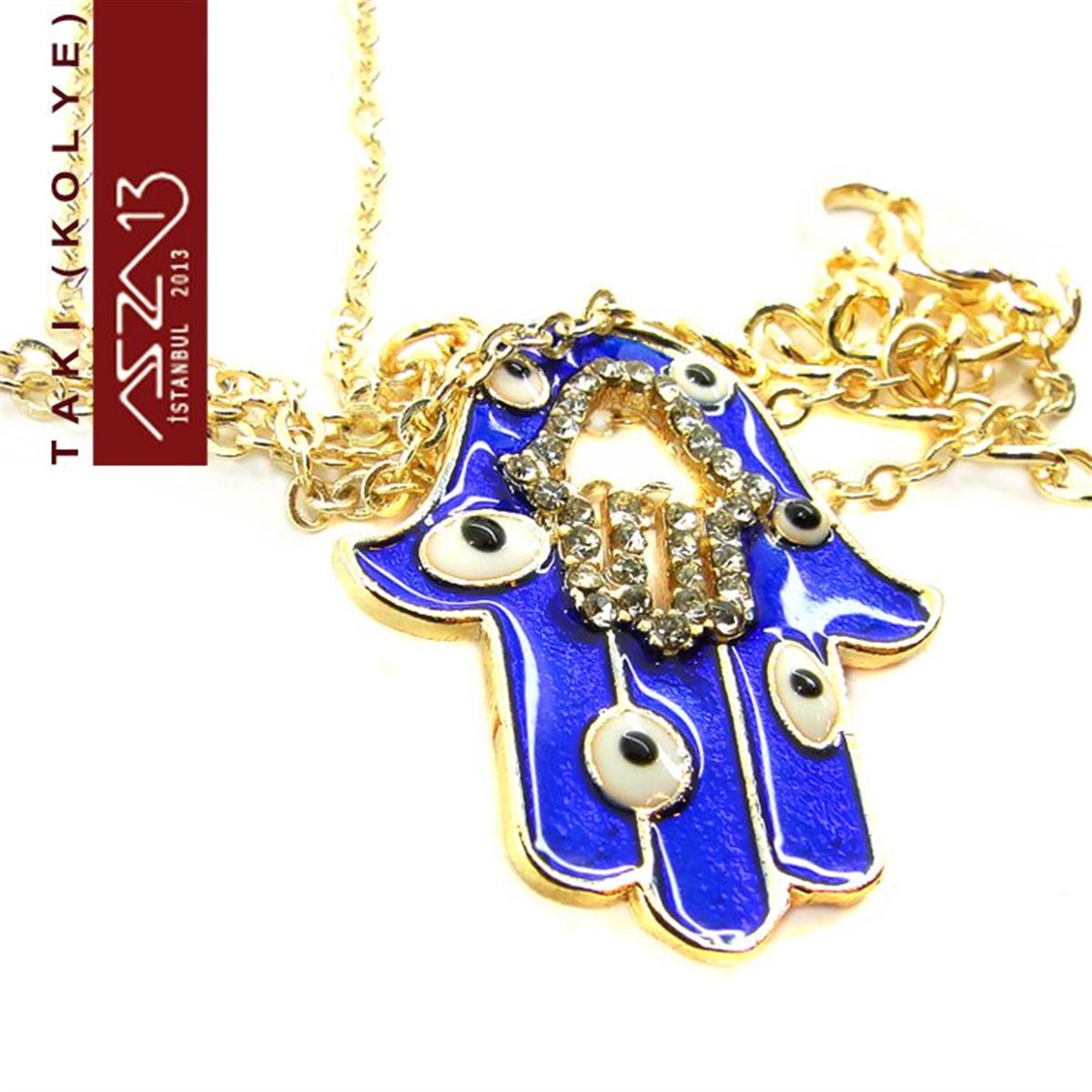 Altın Kaplama Kristal Taşlı ve Mineli Fatmanın Eli Kolye (Zincir Boyu 45 cm)