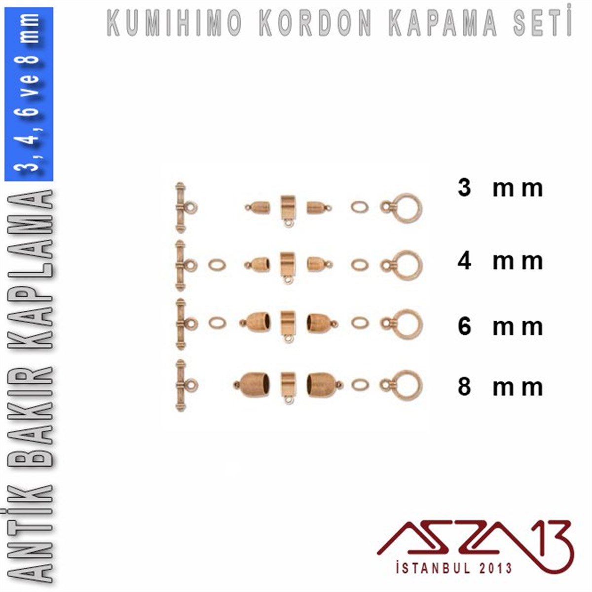 Antik Bakır Kaplamalı, 3,4,6 ve 8 mm Kapsül-Klips Kapama Seti