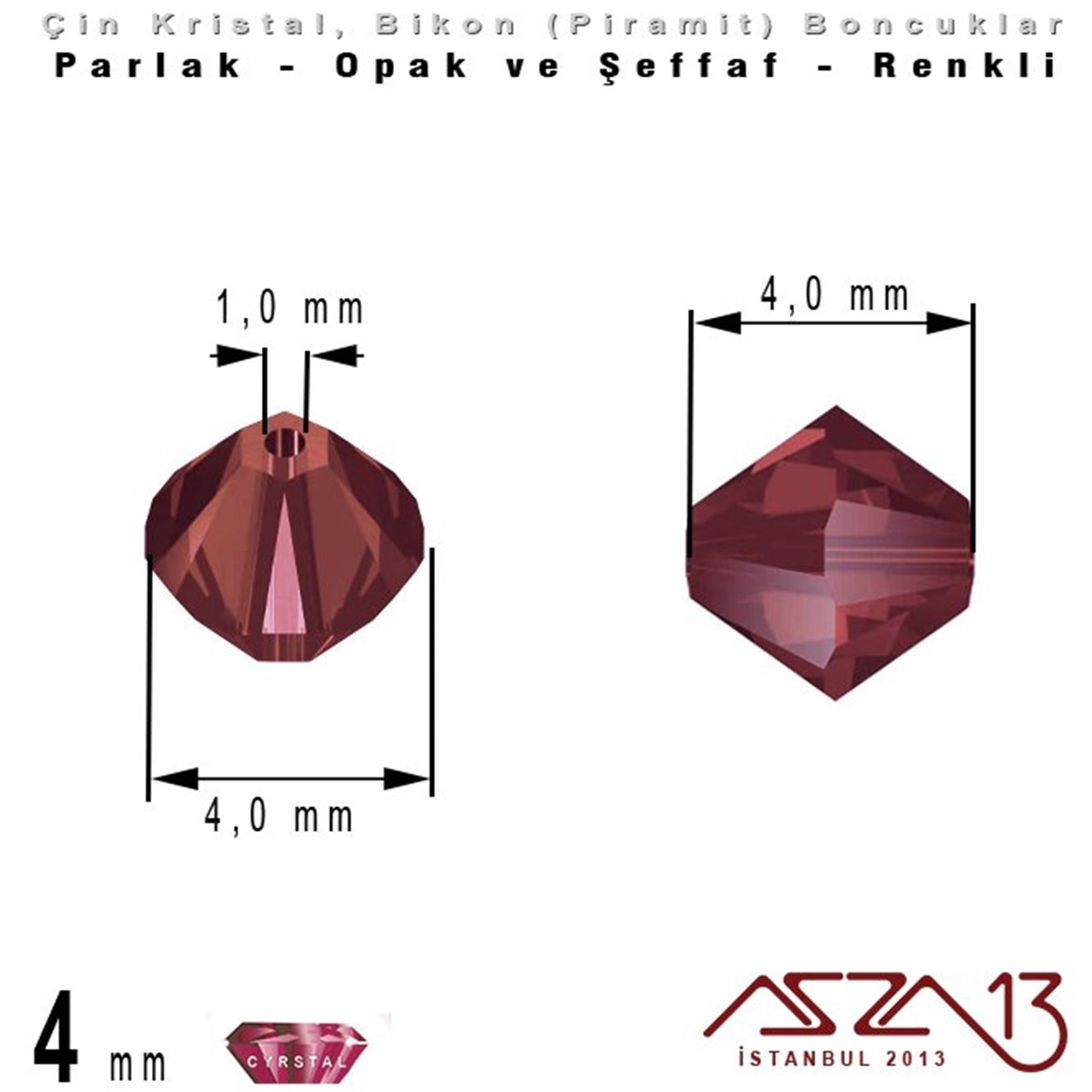 4x4 mm - Kristal - Şeffaf Amethyst - Bikon (Piramit) Boncuk / 115 Adet