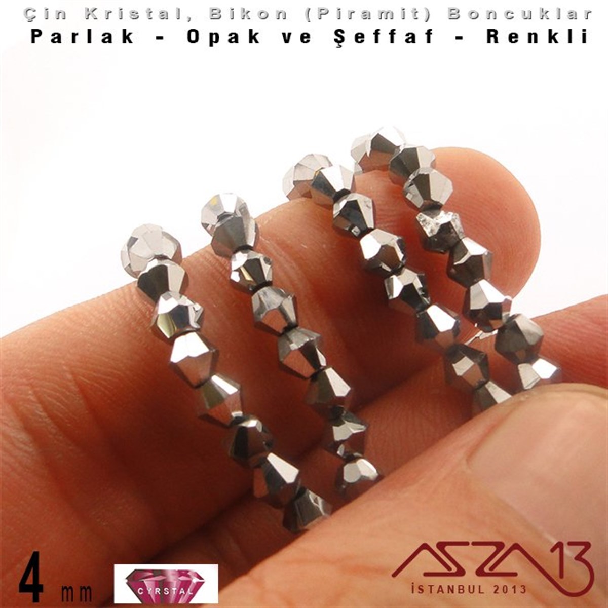 4x4 mm - Kristal - Metalik Rodyum - Bikon (Piramit) Boncuk / 115 Adet