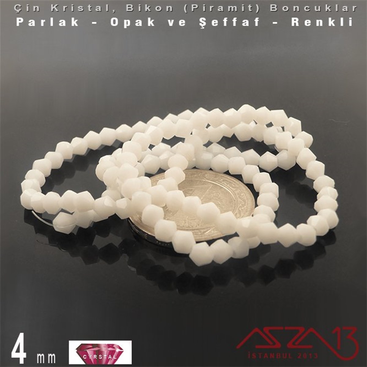4x4 mm - Kristal - Opak Beyaz - Bikon (Piramit) Boncuk / 115 Adet